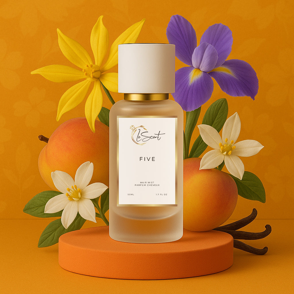 LeScent Five hair perfume mist with ingredient notes of iris, vanilla, and ylang-ylang, a timeless floral fragrance inspired by Chanel No.5.