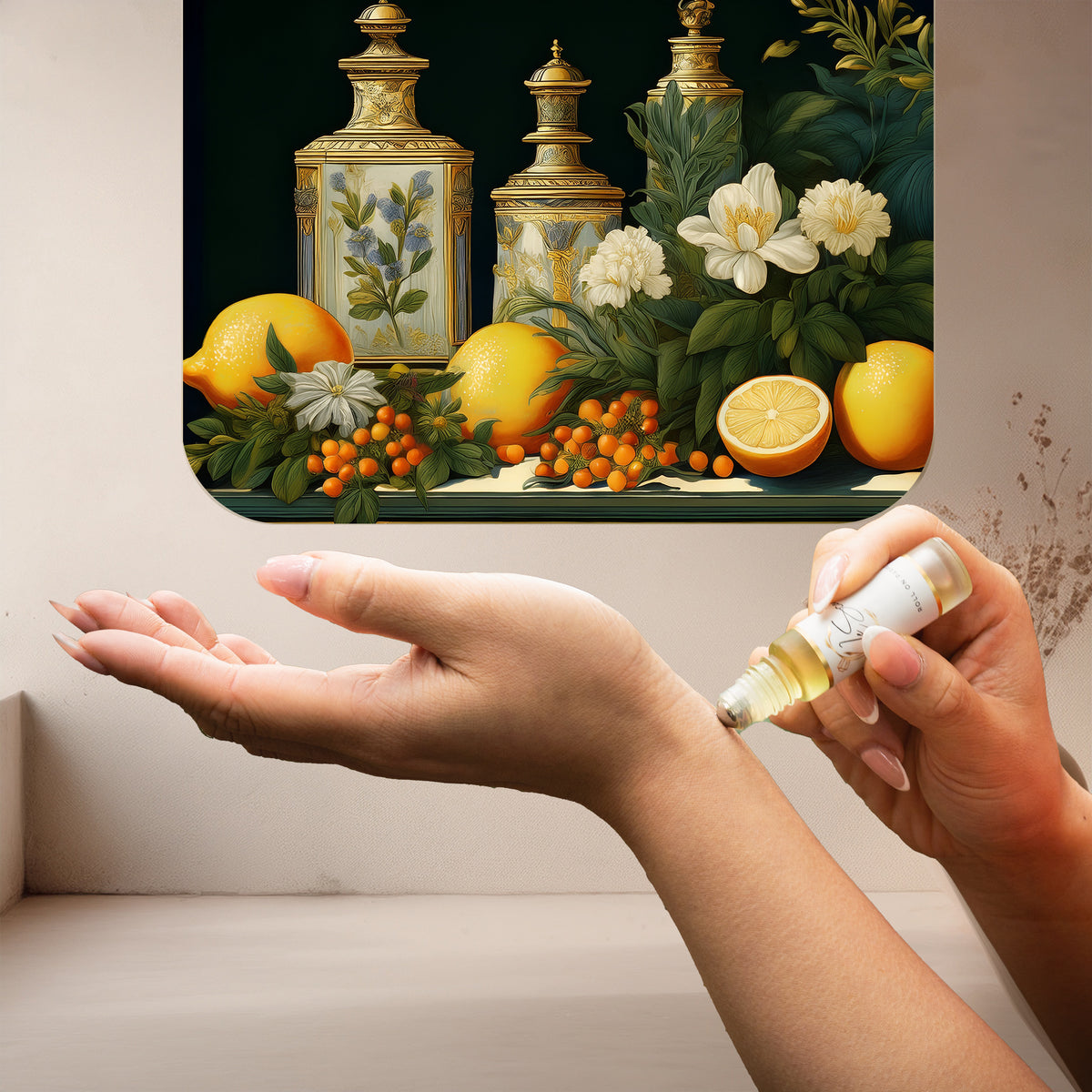 Applying LeScent Five perfume oil, a classic powdery floral fragrance inspired by Chanel No.5, to the wrist.
