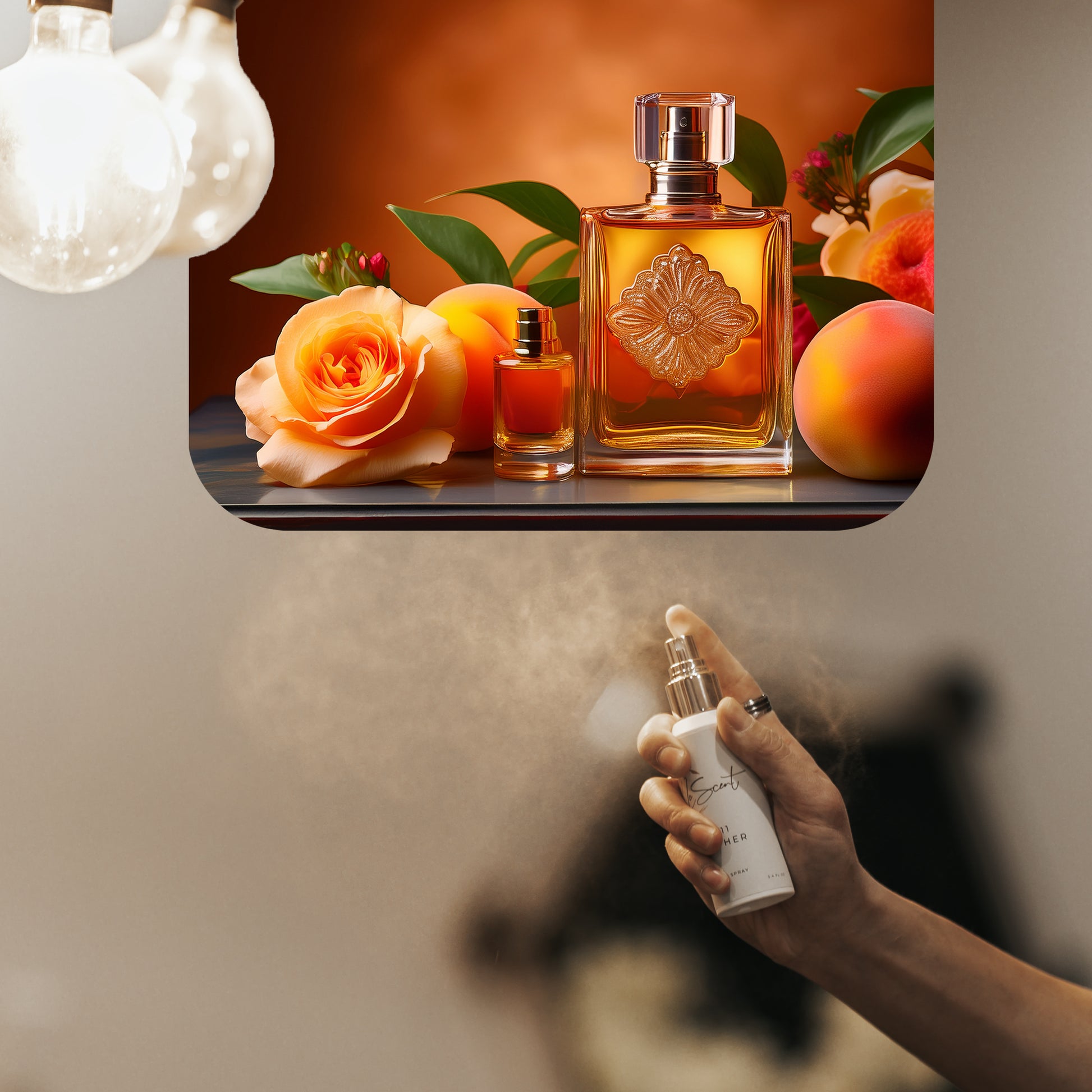 Spraying LeScent Five home fragrance mist, a classic floral scent with rose and peach accords, inspired by Chanel No.5.