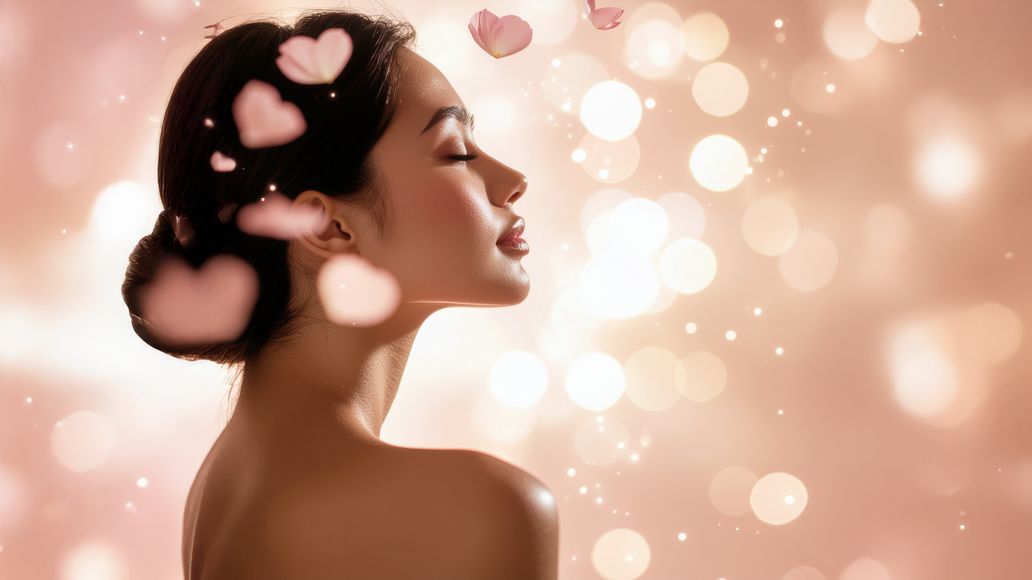 A wide shot of a woman in profile with petals and light sparkles floating around her, representing a light and beautiful fragrance experience.