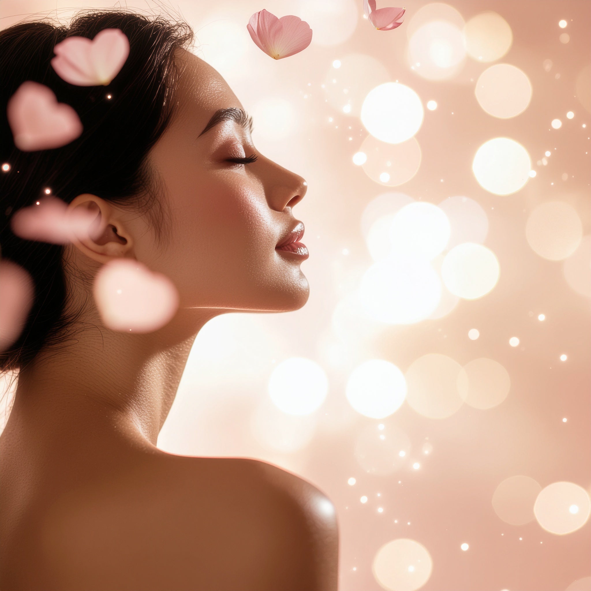 A woman in profile with eyes closed and pink petals falling around her, set against a soft, sparkling bokeh background, symbolizing a beautiful floral scent.