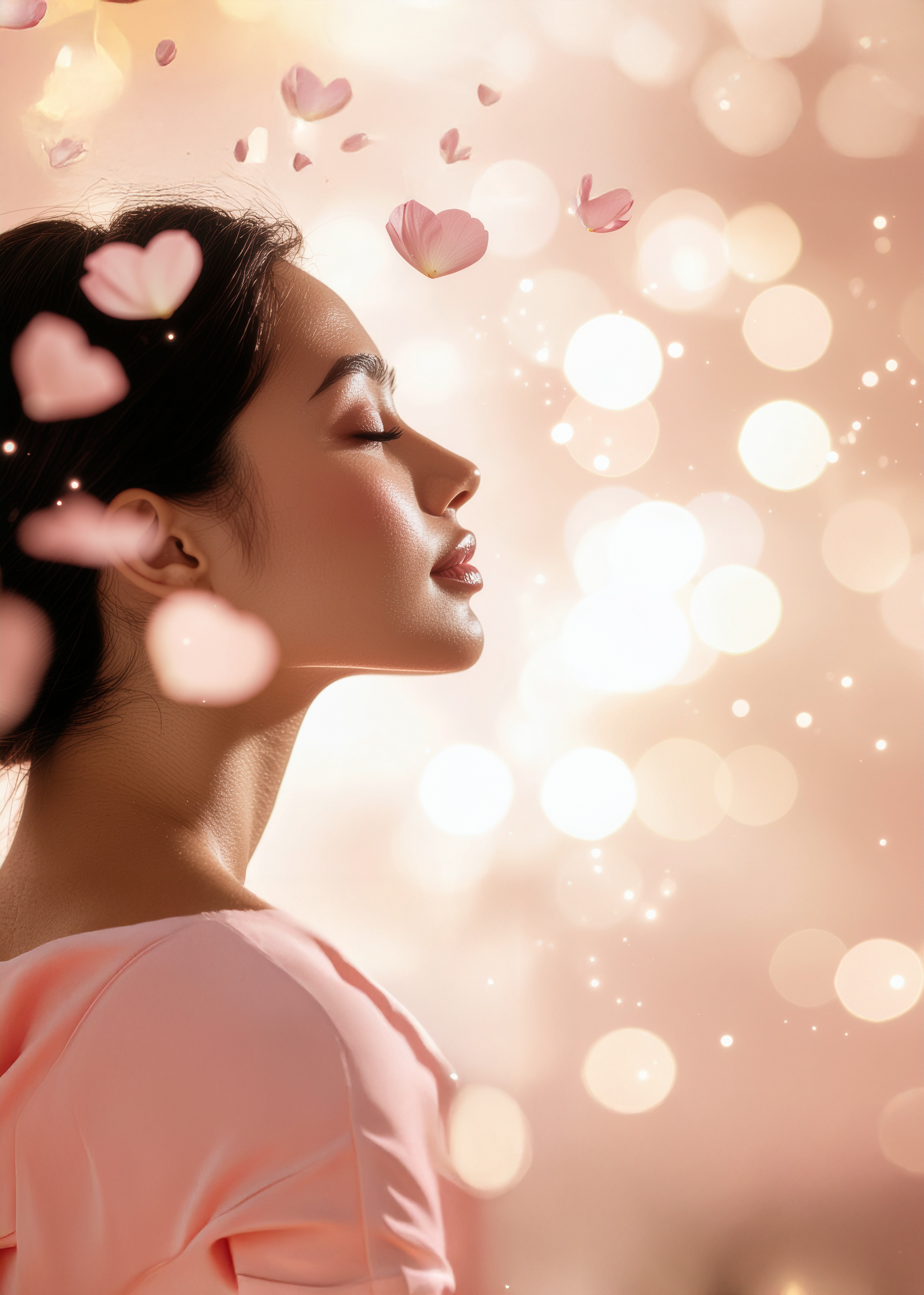 A woman in profile with eyes closed and pink petals falling around her, set against a soft, sparkling pink bokeh background, symbolizing a floral scent.