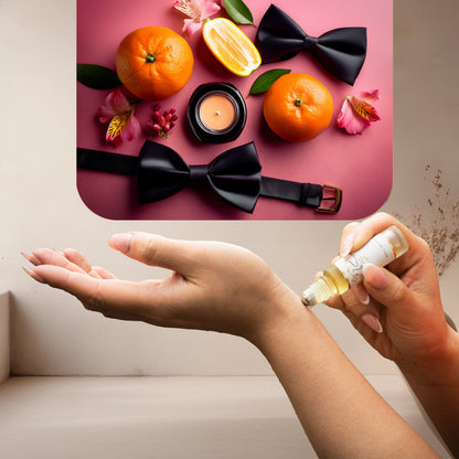 Applying LeScent Flowers perfume oil roll-on inspired by Gucci Flora — bright citrus and sweet floral notes for a fresh and joyful feeling.