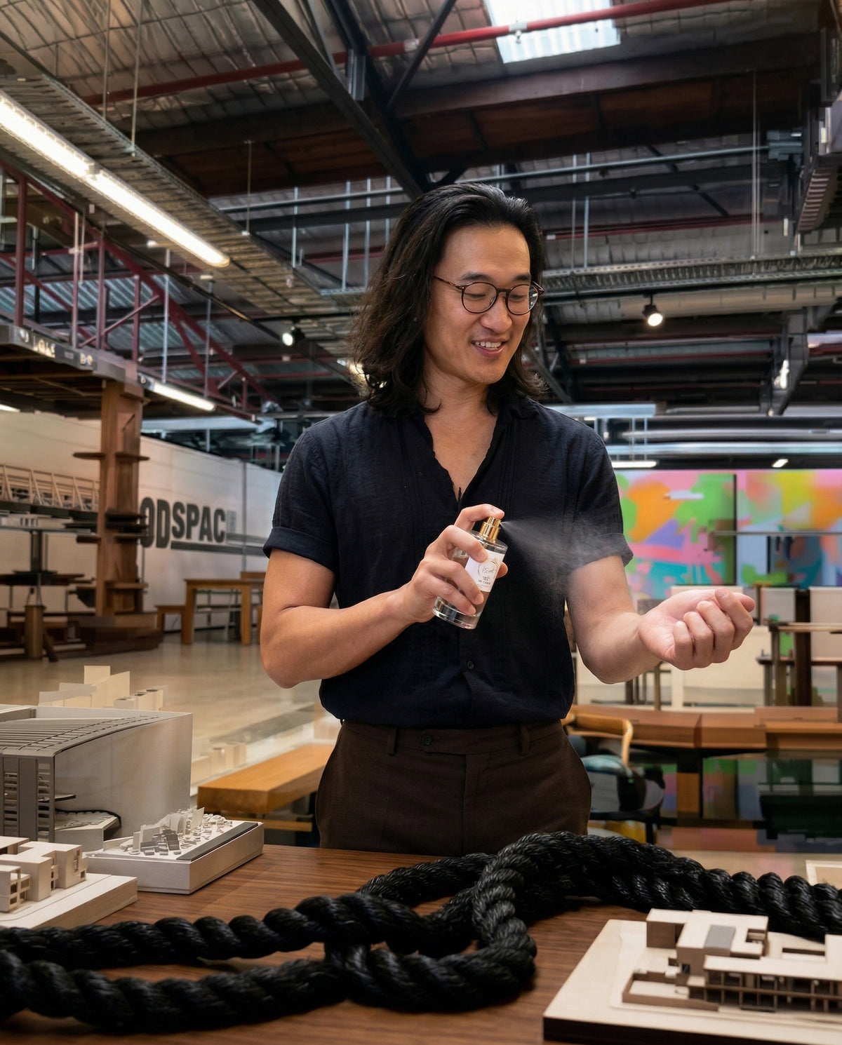 Founder applying LeScent perfume primer in a modern studio, highlighting fragrance layering for longer-lasting scent and a smoother perfume base