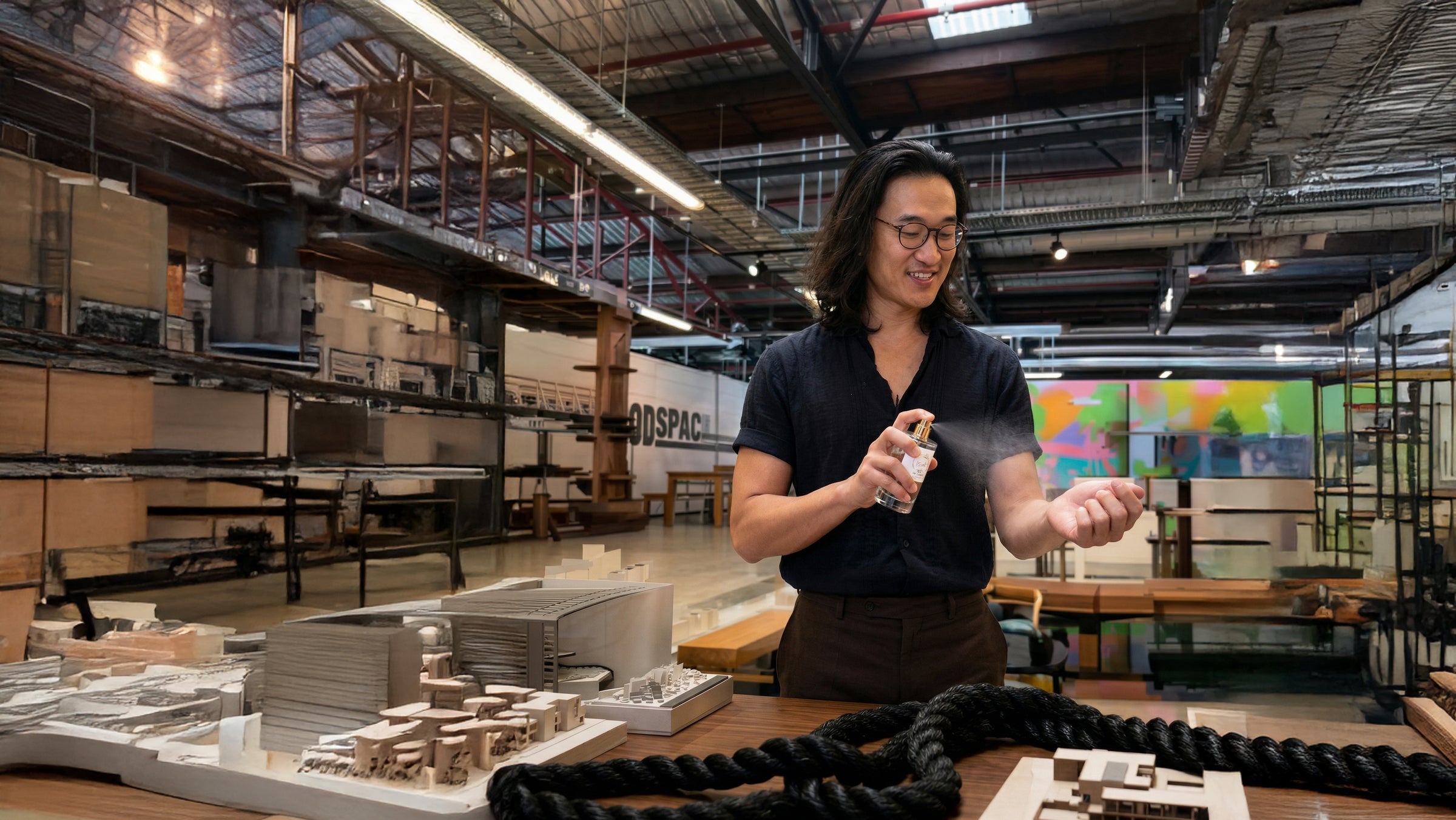Founder spraying LeScent perfume primer in a modern studio space, showcasing fragrance layering and scent preparation before wearing perfume