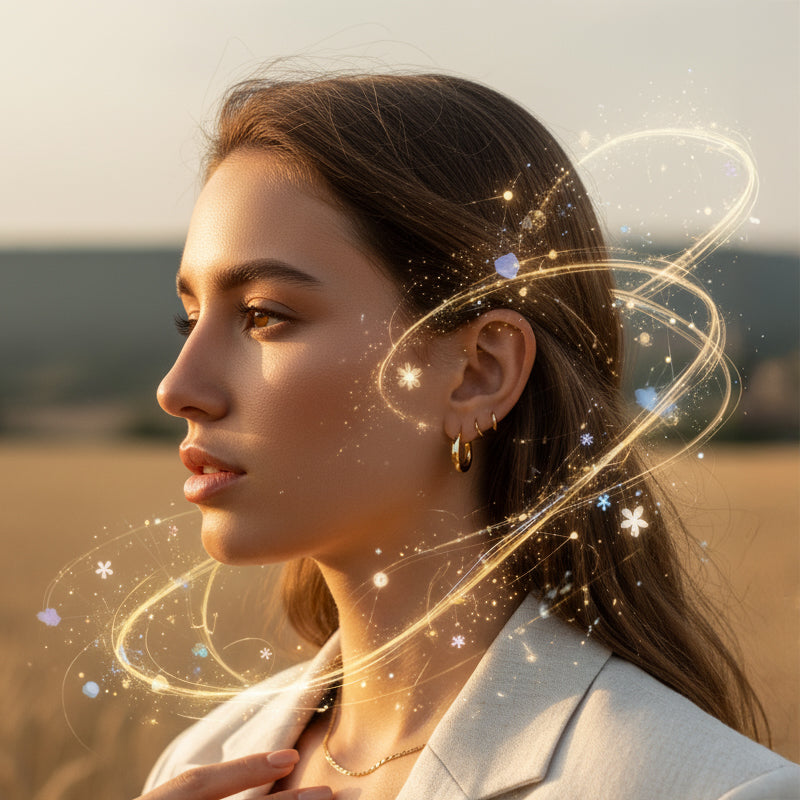 A close-up profile of a woman in a field, with magical golden light and sparkles swirling around her head, representing a beautiful fragrance aura.