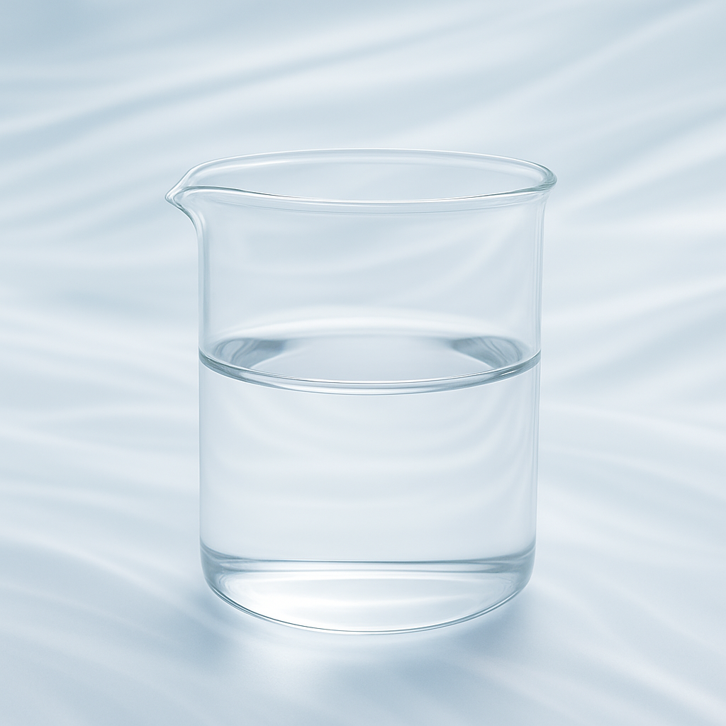 Minimalist glass beaker half-filled with clear liquid on soft blue background, symbolizing LeScent’s purity and precision in perfume formulation.