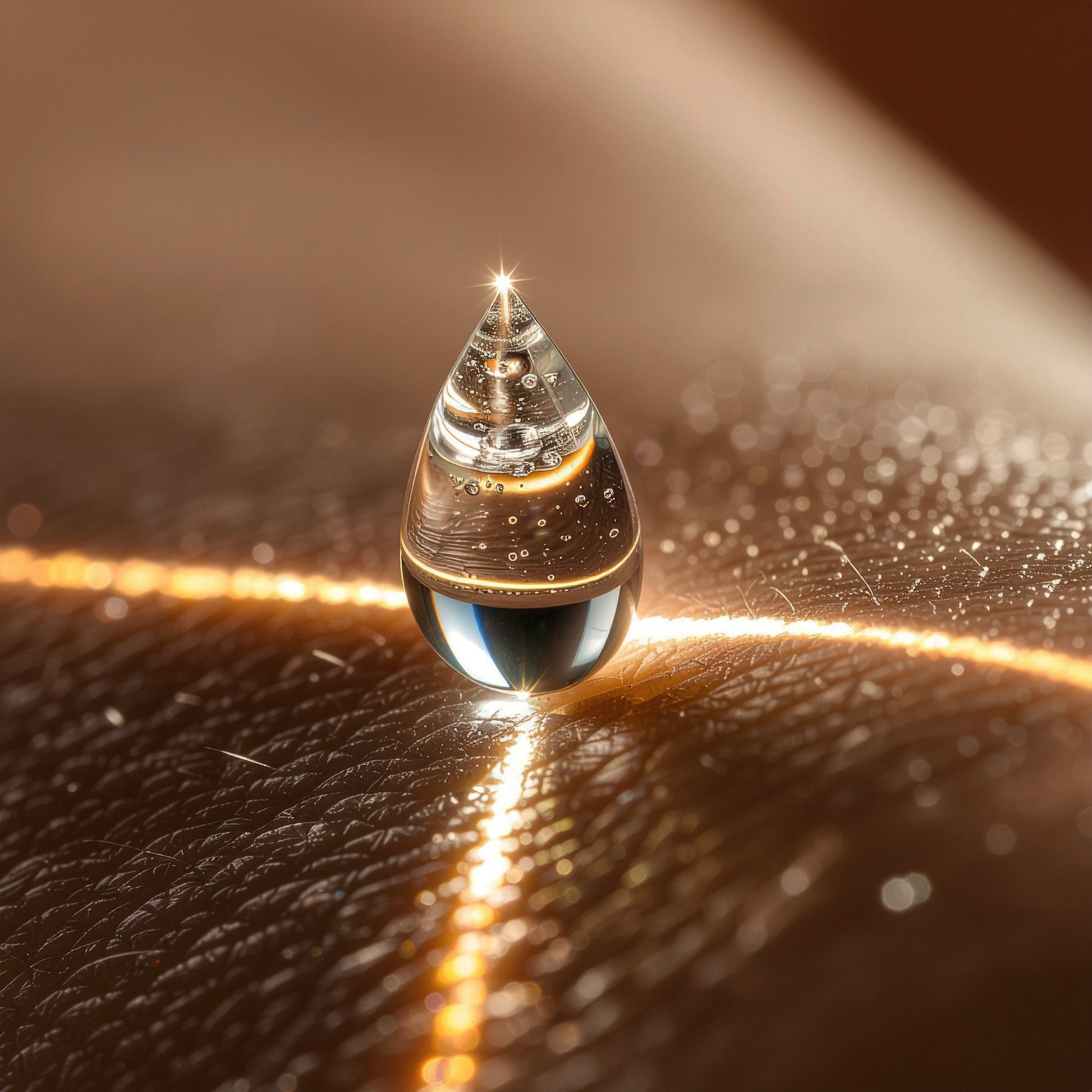 Macro shot of a golden oil droplet reflecting light on a smooth surface, representing LeScent’s pure fragrance concentrate and luxurious formulation detail.