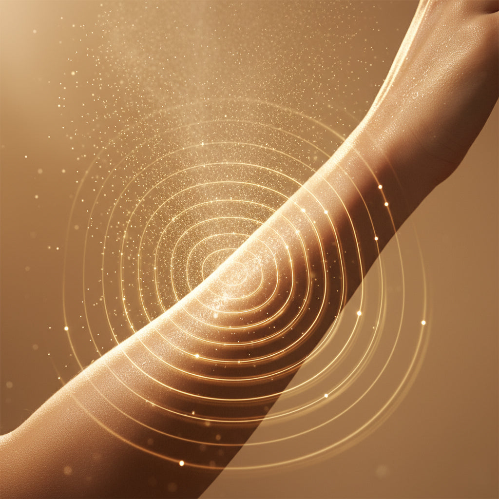 A close-up of an arm with golden light rings and sparkles radiating outwards, symbolizing fragrance projection and sillage.