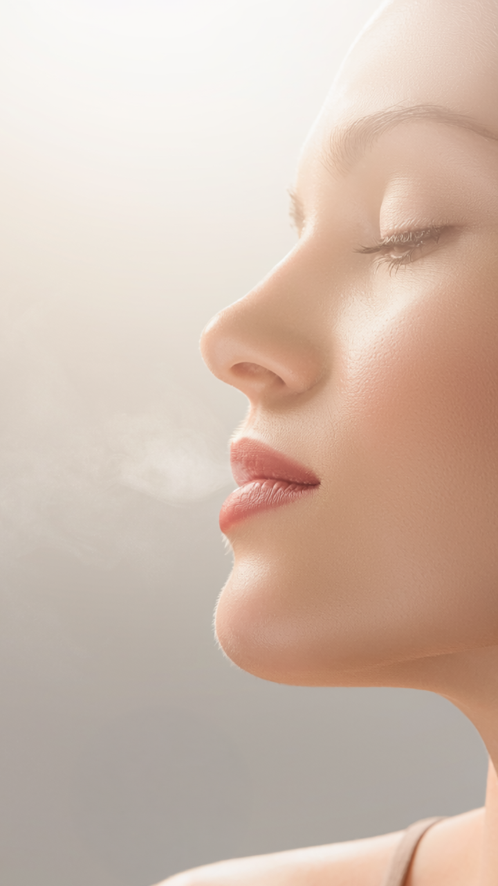 Close-up of a woman's face with a soft, neutral background