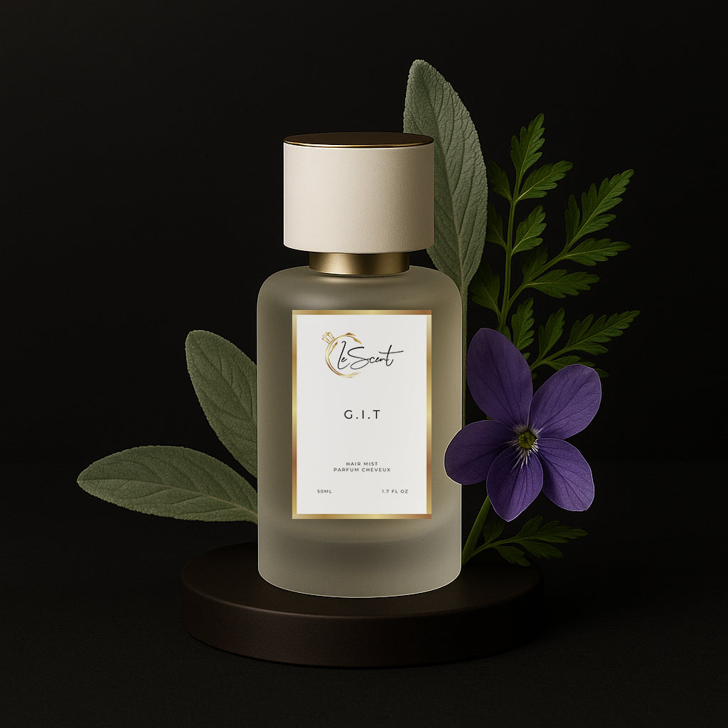 LeScent G.I.T hair perfume mist and hair fragrance bottle with green leaves, sage leaf, fern and a purple pansy flower arranged behind it as visual ingredients, inspired by Creed Green Irish Tweed.