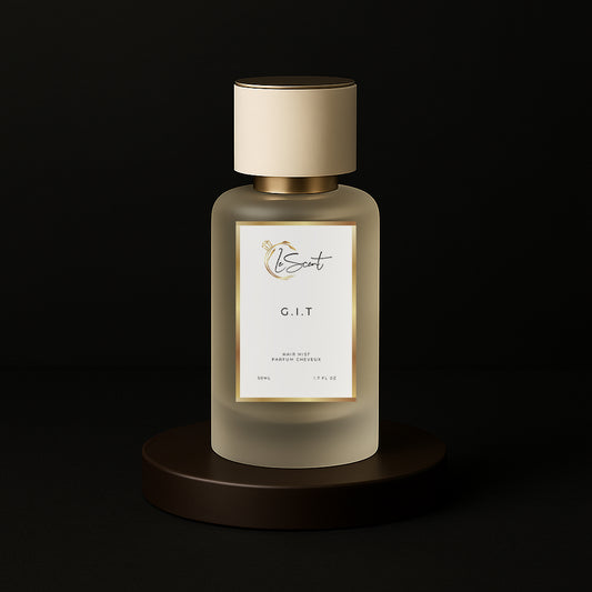 LeScent G.I.T hair perfume, hair fragrance and hair perfume mist bottle on a dark background inspired by Creed Green Irish Tweed.
