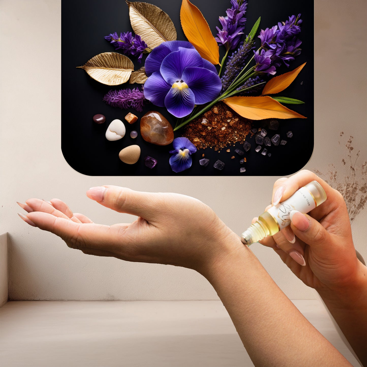 Applying LeScent G.I.T roll-on perfume oil to the wrist with purple pansy flower, lavender sprigs, gold leaves, orange leaves, polished stones, crystals and textured grains displayed above the hands, premium perfume oil roller inspired by Creed Green Irish Tweed.