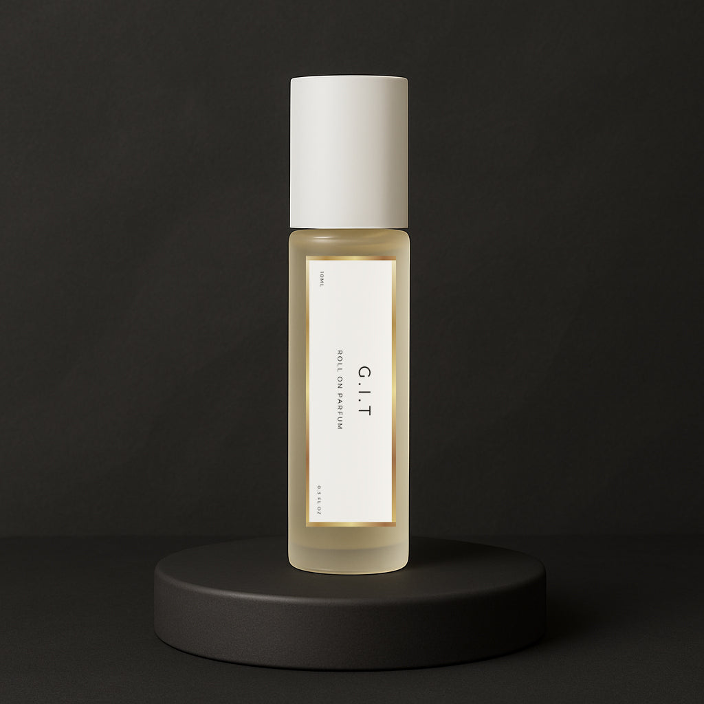 LeScent G.I.T roll-on perfume oil and parfum oil roller bottle on a dark background, premium long lasting perfume oil inspired by Creed Green Irish Tweed.