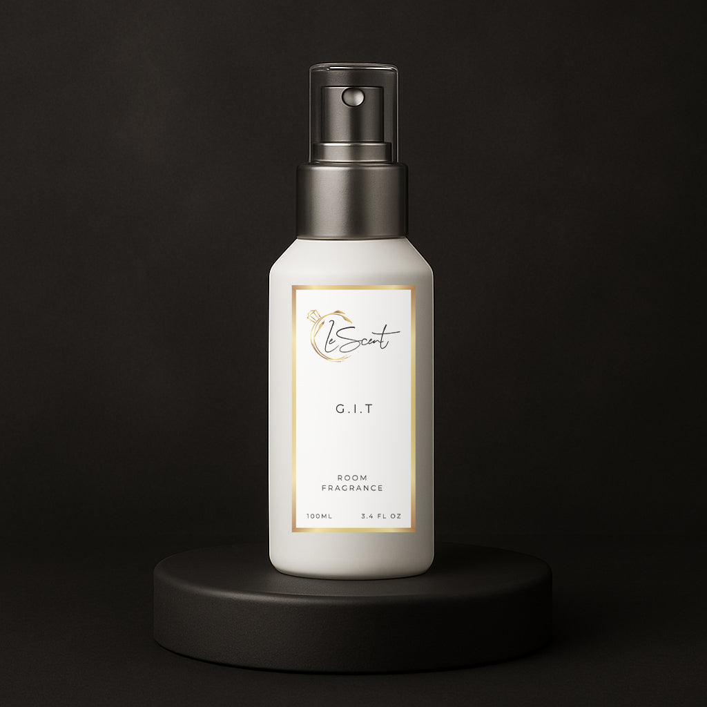 LeScent G.I.T room spray, room fragrance and home fragrance freshener bottle on a dark background inspired by Creed Green Irish Tweed.