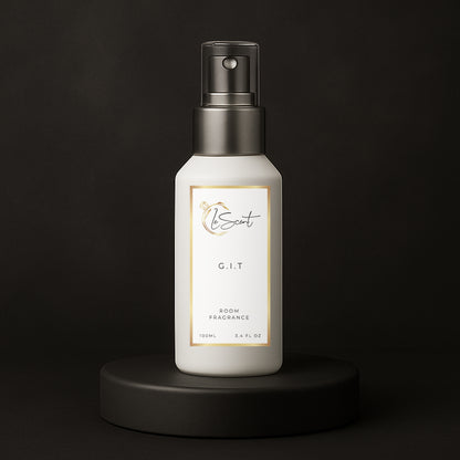 LeScent G.I.T room spray, room fragrance and home fragrance freshener bottle on a dark background inspired by Creed Green Irish Tweed.