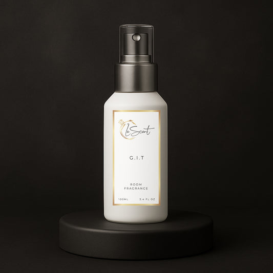 LeScent G.I.T room spray, room fragrance and home fragrance freshener bottle on a dark background inspired by Creed Green Irish Tweed.