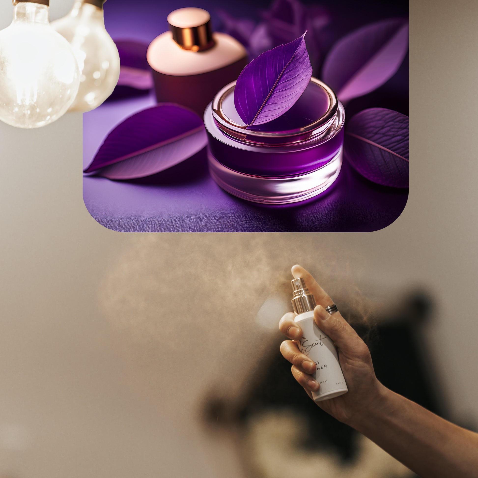 LeScent G.I.T room spray freshener mist spraying into the air with purple leaves, purple petals and decorative cosmetic jars displayed above, luxury room fragrance and home freshener inspired by Creed Green Irish Tweed.