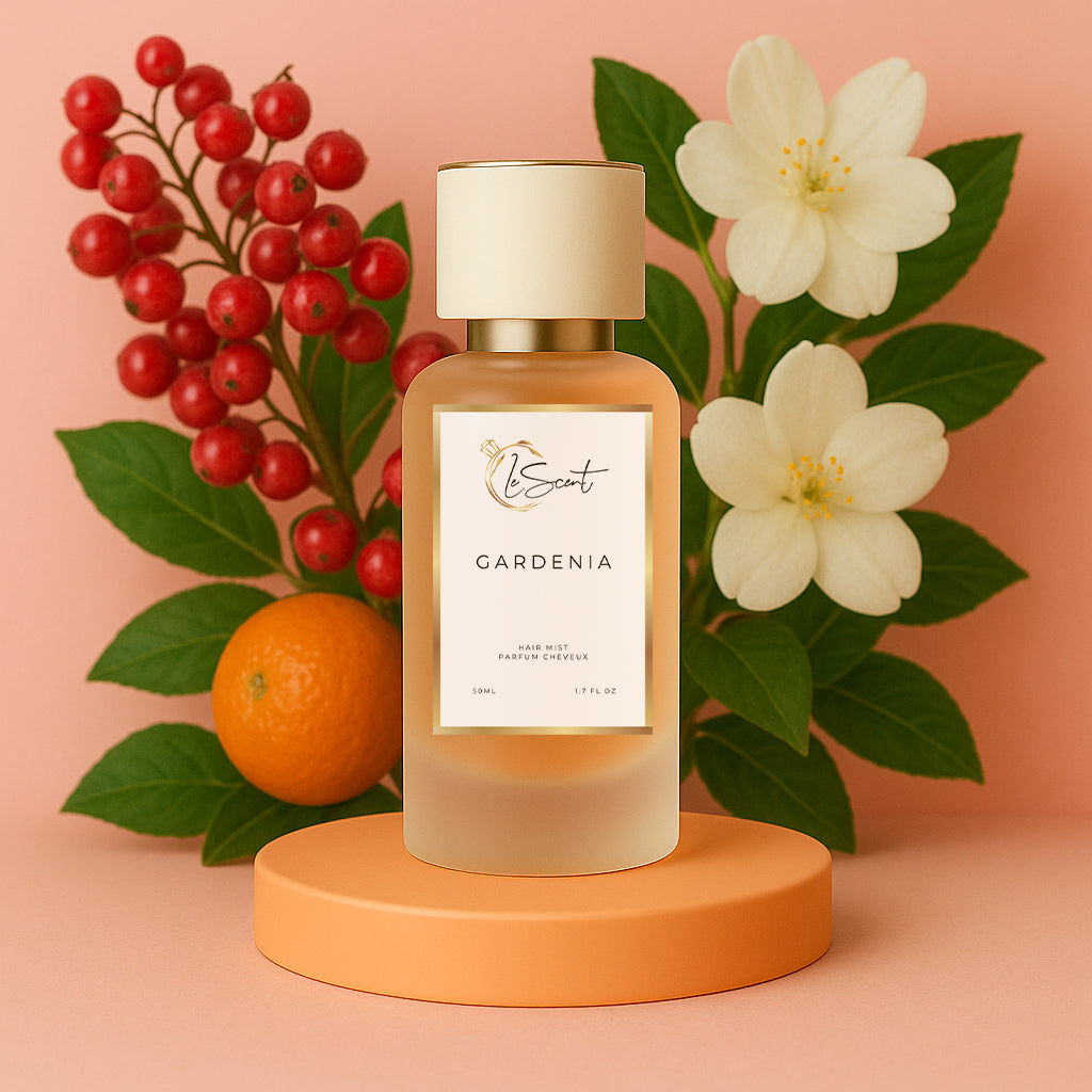 LeScent Gardenia hair perfume mist inspired by Gucci Flora Gorgeous Gardenia — crafted with white jasmine, citrus, and red berries for a bright, sweet floral fragrance profile.