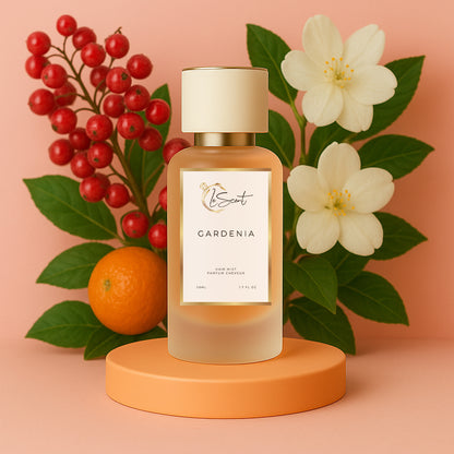 LeScent Gardenia hair perfume mist inspired by Gucci Flora Gorgeous Gardenia — crafted with white jasmine, citrus, and red berries for a bright, sweet floral fragrance profile.
