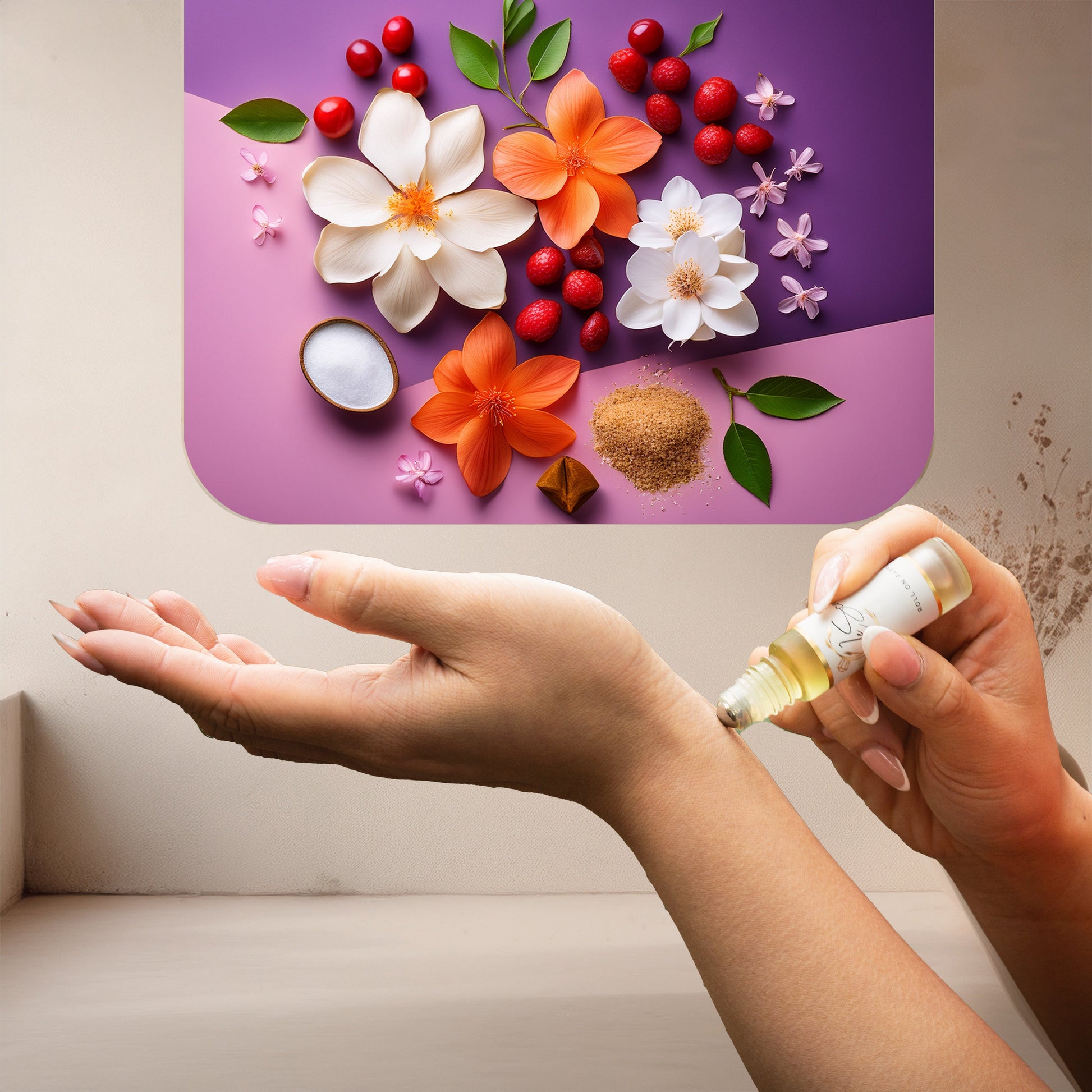 Applying LeScent Gardenia perfume oil roll-on inspired by Gucci Flora Gorgeous Gardenia — sweet brown sugar and delicate floral notes for a joyful and comforting feeling.