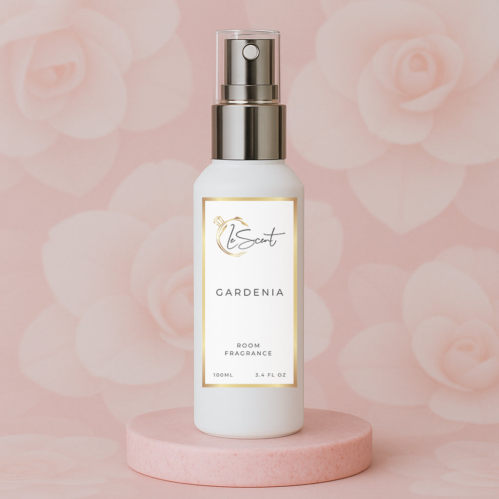 LeScent Gardenia room spray inspired by Gucci Flora Gorgeous Gardenia — radiant white gardenia and jasmine home fragrance with supporting notes of sweet pear and brown sugar.