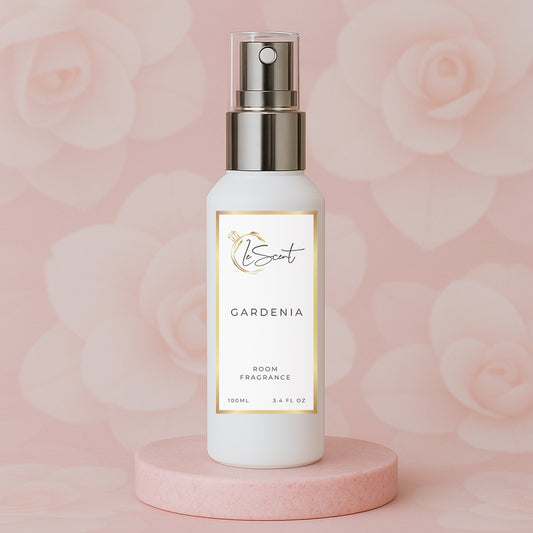 LeScent Gardenia room spray inspired by Gucci Flora Gorgeous Gardenia — radiant white gardenia and jasmine home fragrance with supporting notes of sweet pear and brown sugar.