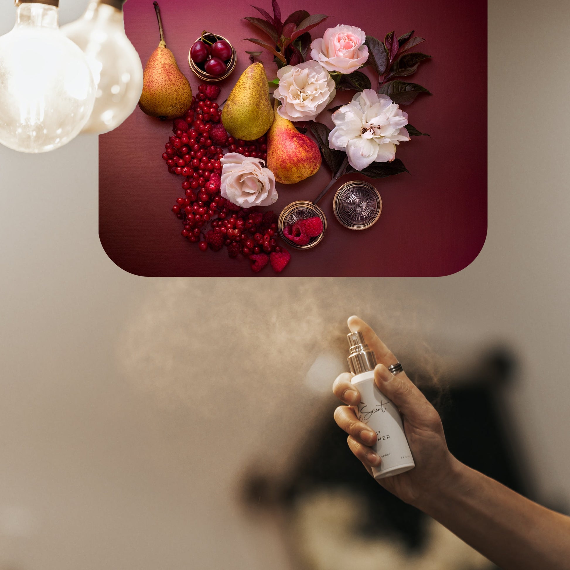Spraying LeScent Gardenia room spray inspired by Gucci Flora Gorgeous Gardenia — juicy pear and red currant home fragrance freshener mist with soft rose and gardenia accords.