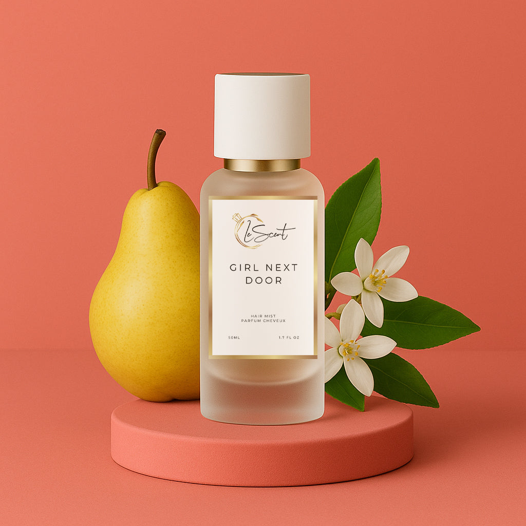 LeScent Girl Next Door hair perfume mist featuring key notes of pear, orange blossom and tangerine inspired by Prada Paradoxe — light floral-fruity hair care fragrance.