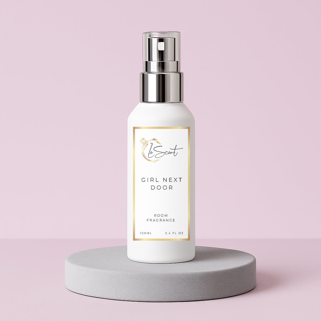 LeScent Girl Next Door room spray inspired by Prada Paradoxe — delicate floral and citrus home fragrance with pear and orange blossom notes.