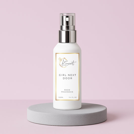 LeScent Girl Next Door room spray inspired by Prada Paradoxe — delicate floral and citrus home fragrance with pear and orange blossom notes.