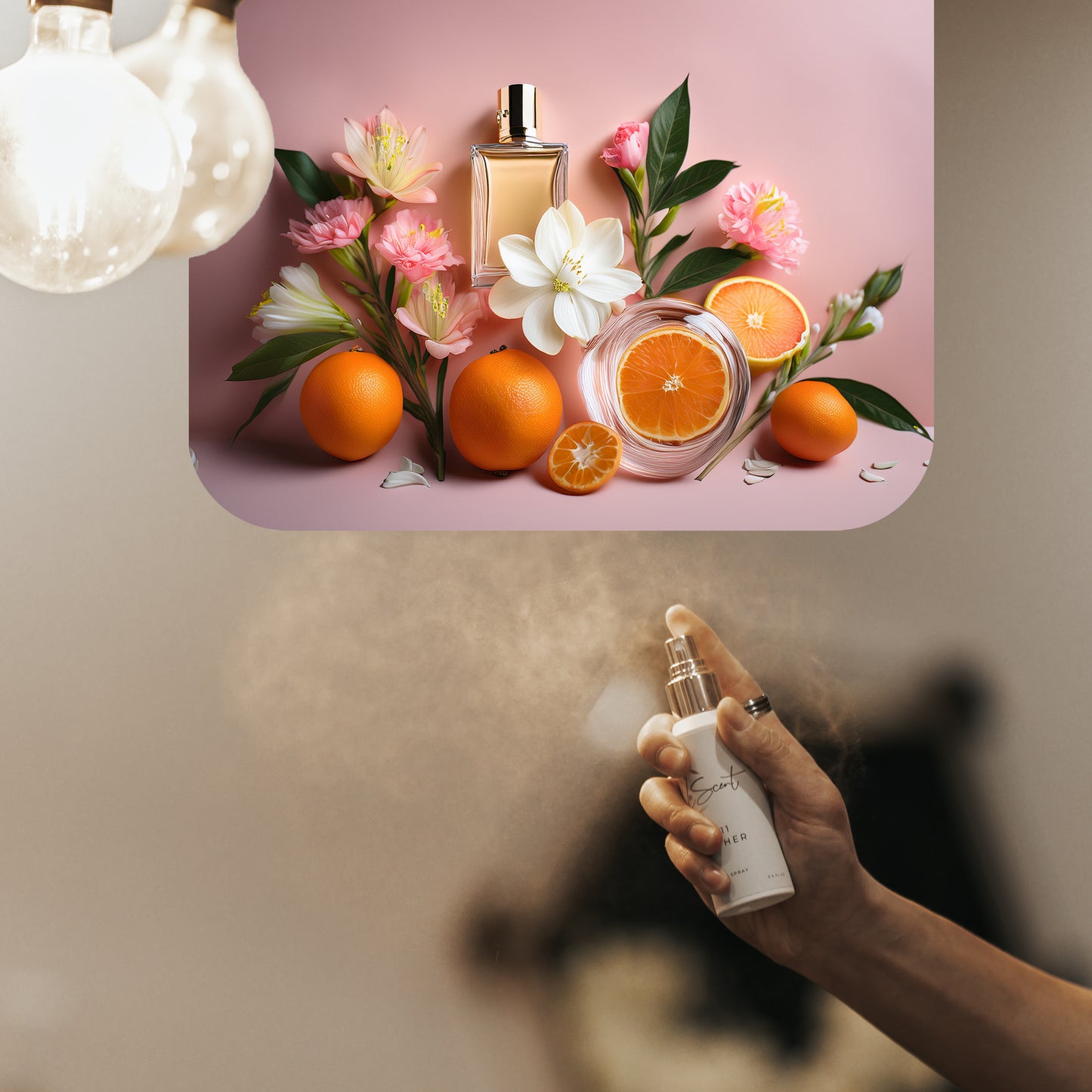 Spraying LeScent Girl Next Door room spray inspired by Prada Paradoxe — floral and pear-infused home fragrance freshener mist filling the air with a soft, feminine scent.