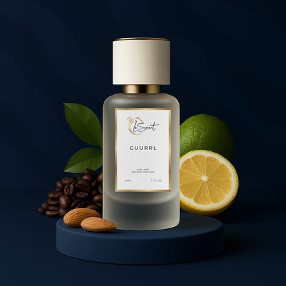 LeScent Guurrl hair perfume mist with ingredient notes of coffee beans, almond, and citrus, an ambery floral fragrance inspired by Carolina Herrera Good Girl.