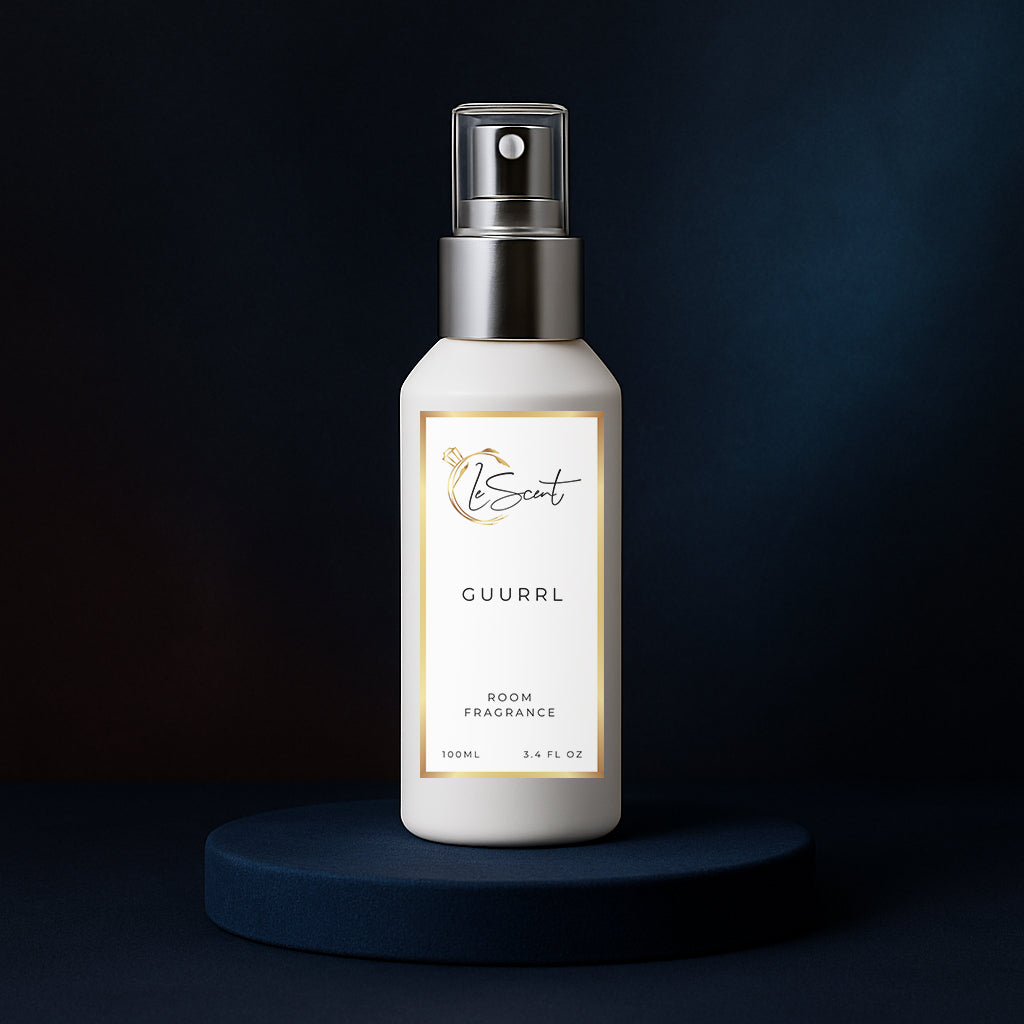 LeScent Guurrl room spray bottle on a dark blue pedestal with a solid dark blue background, inspired by Carolina Herrera Good Girl.