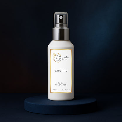 LeScent Guurrl room spray bottle on a dark blue pedestal with a solid dark blue background, inspired by Carolina Herrera Good Girl.