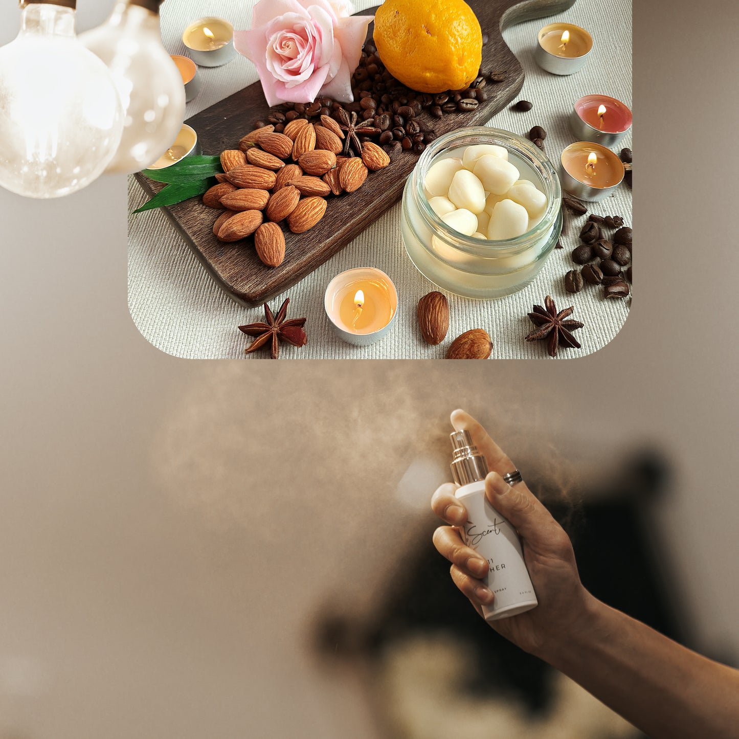 Spraying LeScent Guurrl home fragrance air freshener, a gourmand scent with almond, coffee, and rose accords, inspired by Carolina Herrera Good Girl.