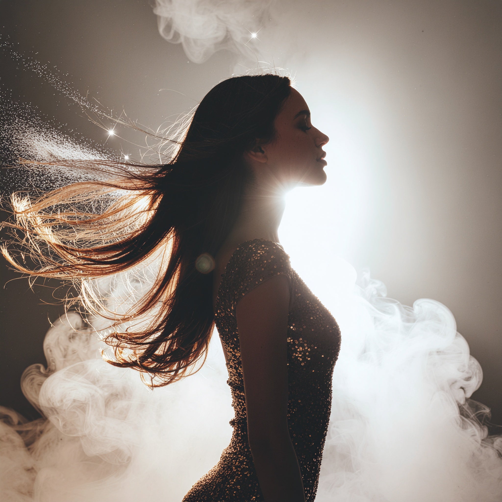 A woman in profile wearing a sequin dress, with her hair blowing back, silhouetted against a bright light and clouds of mist.