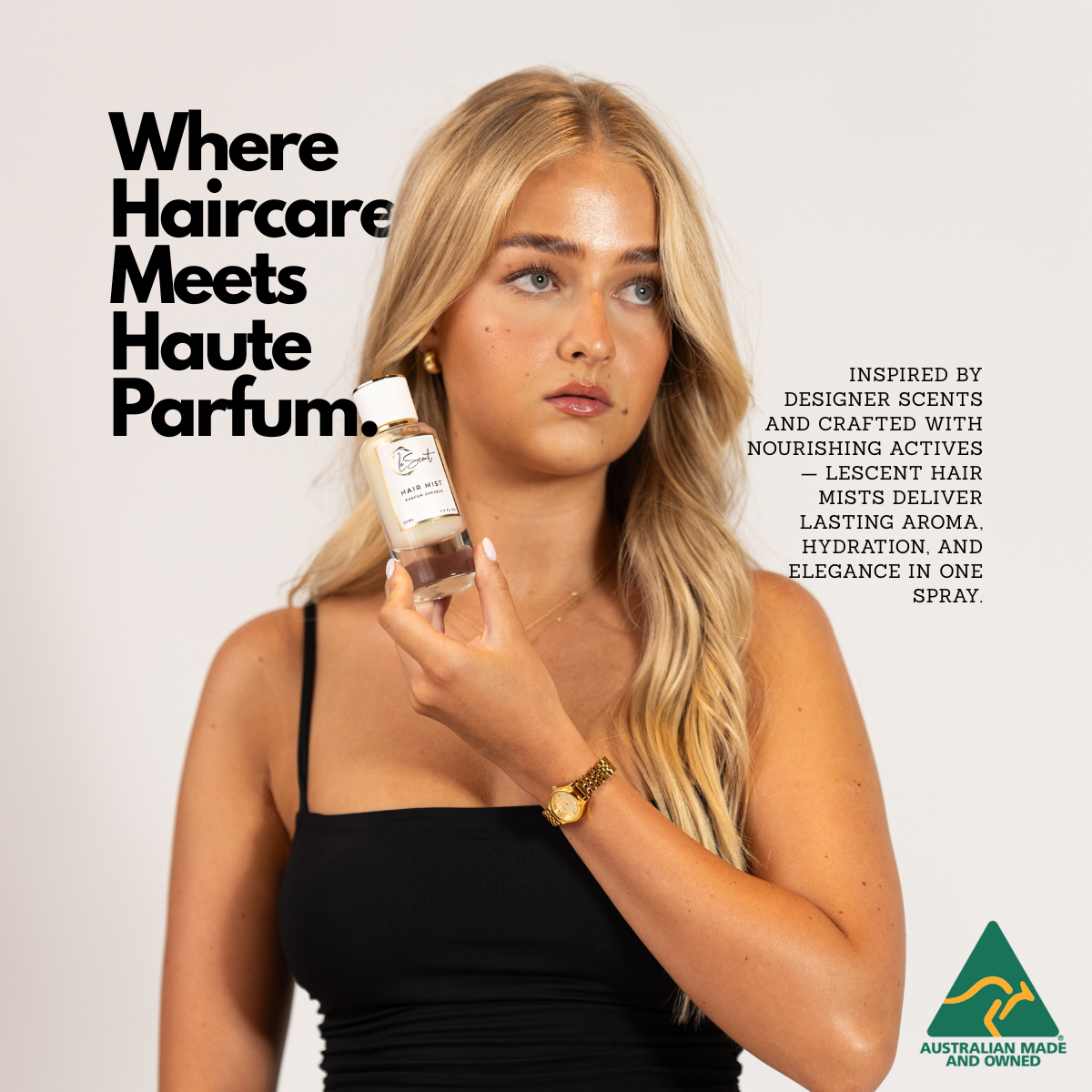 Luxury hair mist hair perfume and hair fragrance spray by LeScent held by model, lightweight hair-safe fragrance inspired by designer scents
