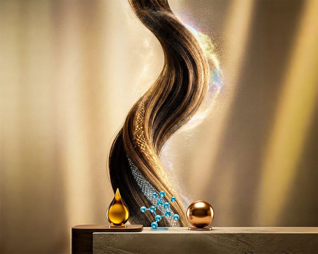 Hair care ingredient graphic with flowing hair and icons representing argan oil, pro-vitamin B5, and vitamin E for LeScent hair mist.