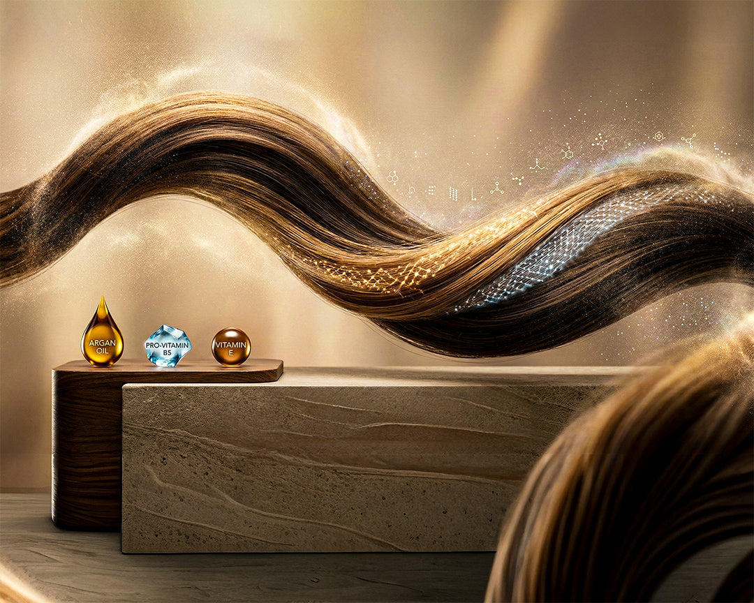 Flowing hair visual with ingredient icons for argan oil, pro-vitamin B5, and vitamin E, showing hair care benefits for LeScent hair mist.