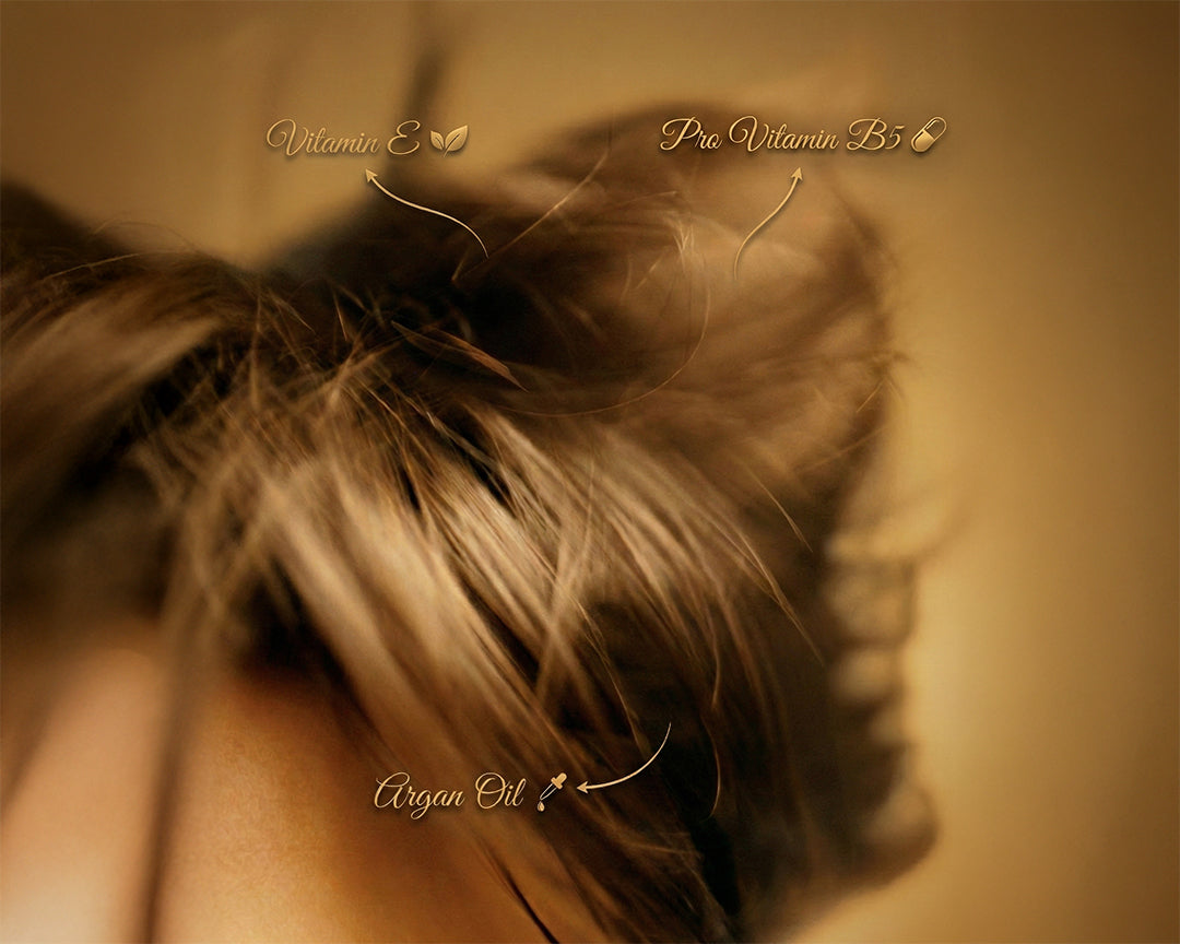Close-up hair texture graphic highlighting argan oil, vitamin E, and pro-vitamin B5 ingredients for LeScent hair mist.