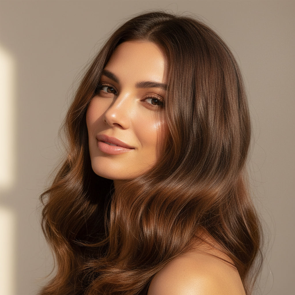 A close-up of a woman with long, shiny, and wavy brown hair, looking over her shoulder with a gentle smile.