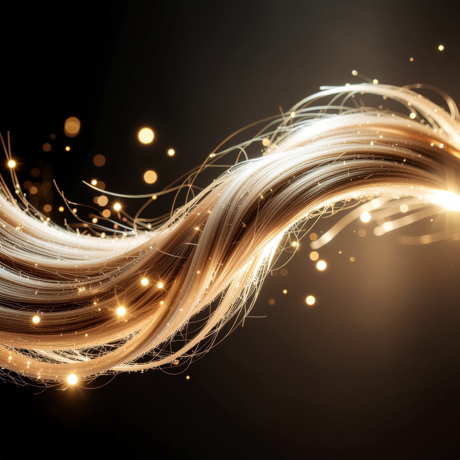 Golden strands of hair illuminated with glowing light particles, visualizing the radiant sillage and long-lasting fragrance trail of LeScent Hair Mist.