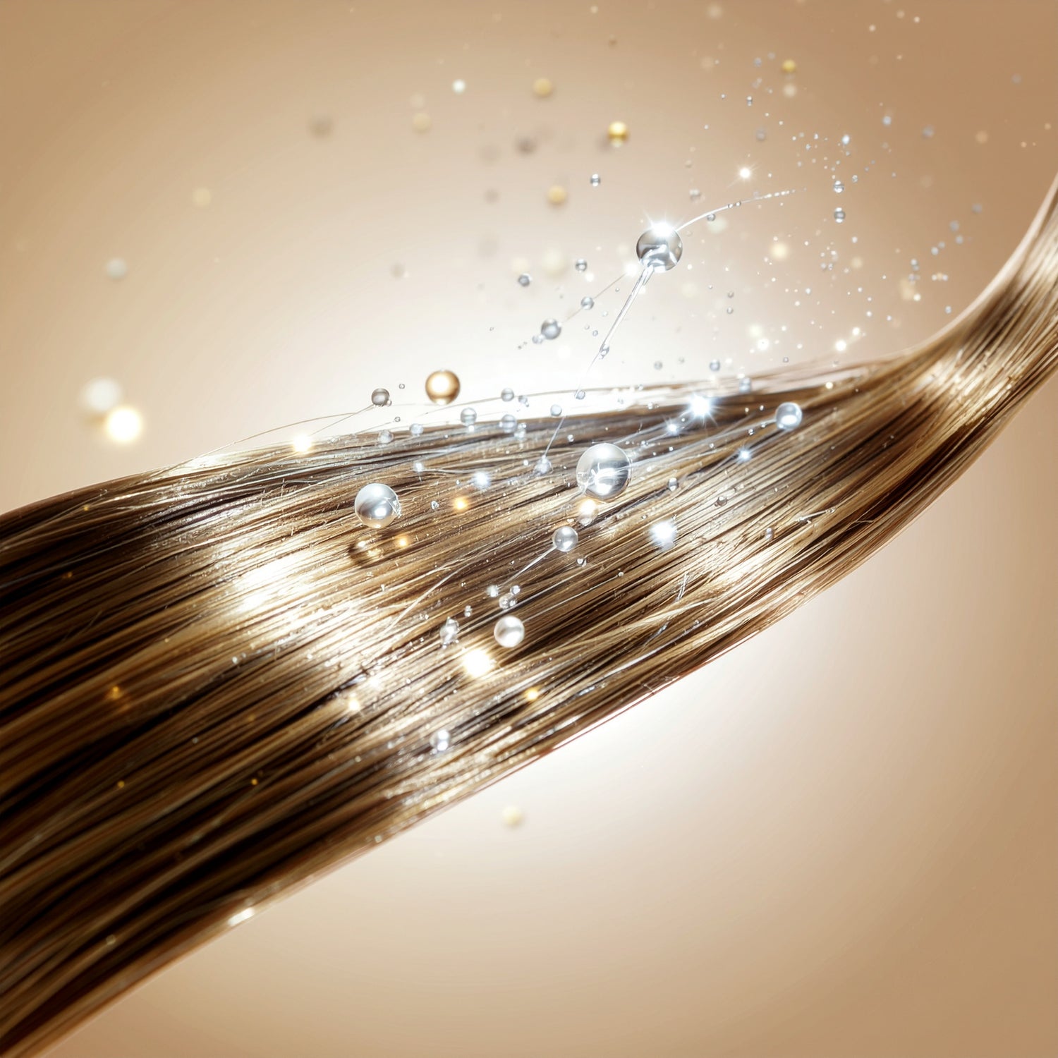 Close-up of shiny hair strands with light reflections and ingredient icons representing Vitamin B5, Vitamin E, and Argan Oil from LeScent Hair Mist.