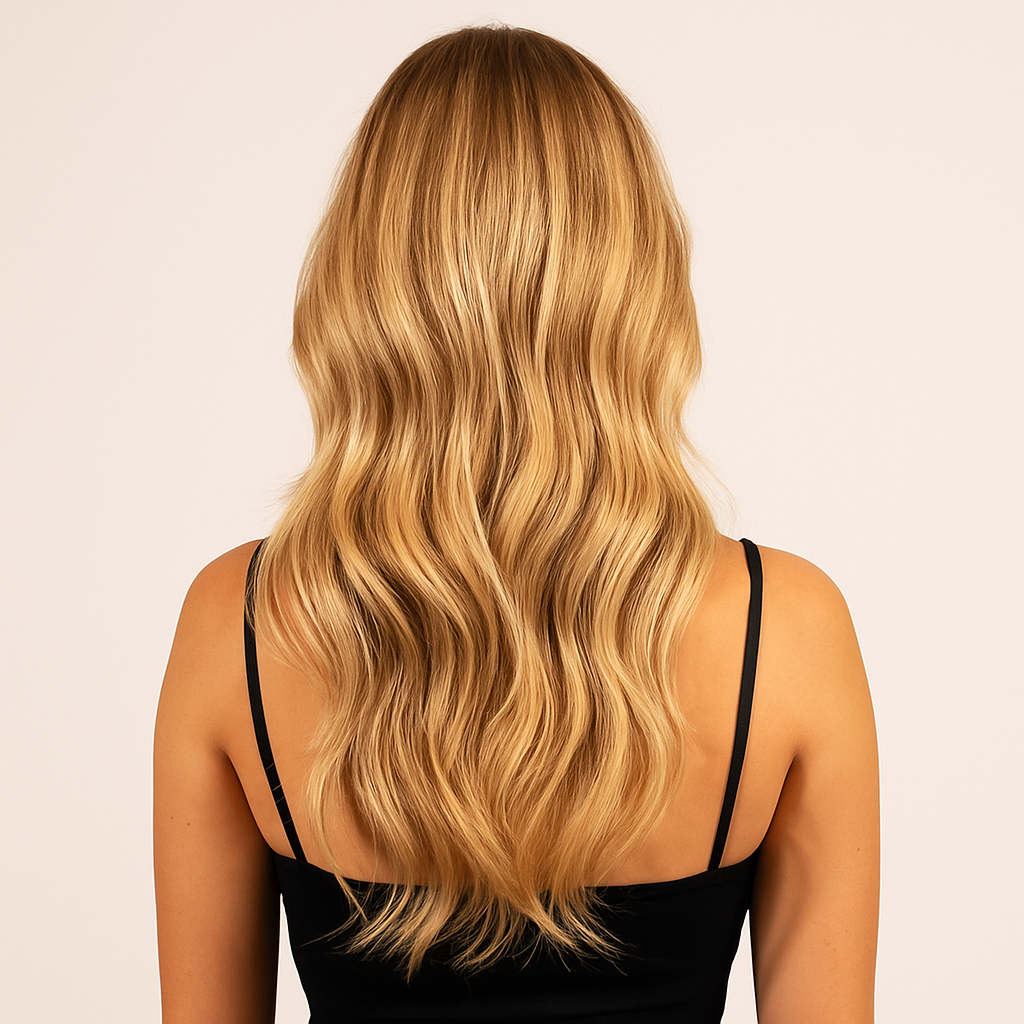 The back of a woman with long, wavy blonde hair, showing the results of using a hair mist.