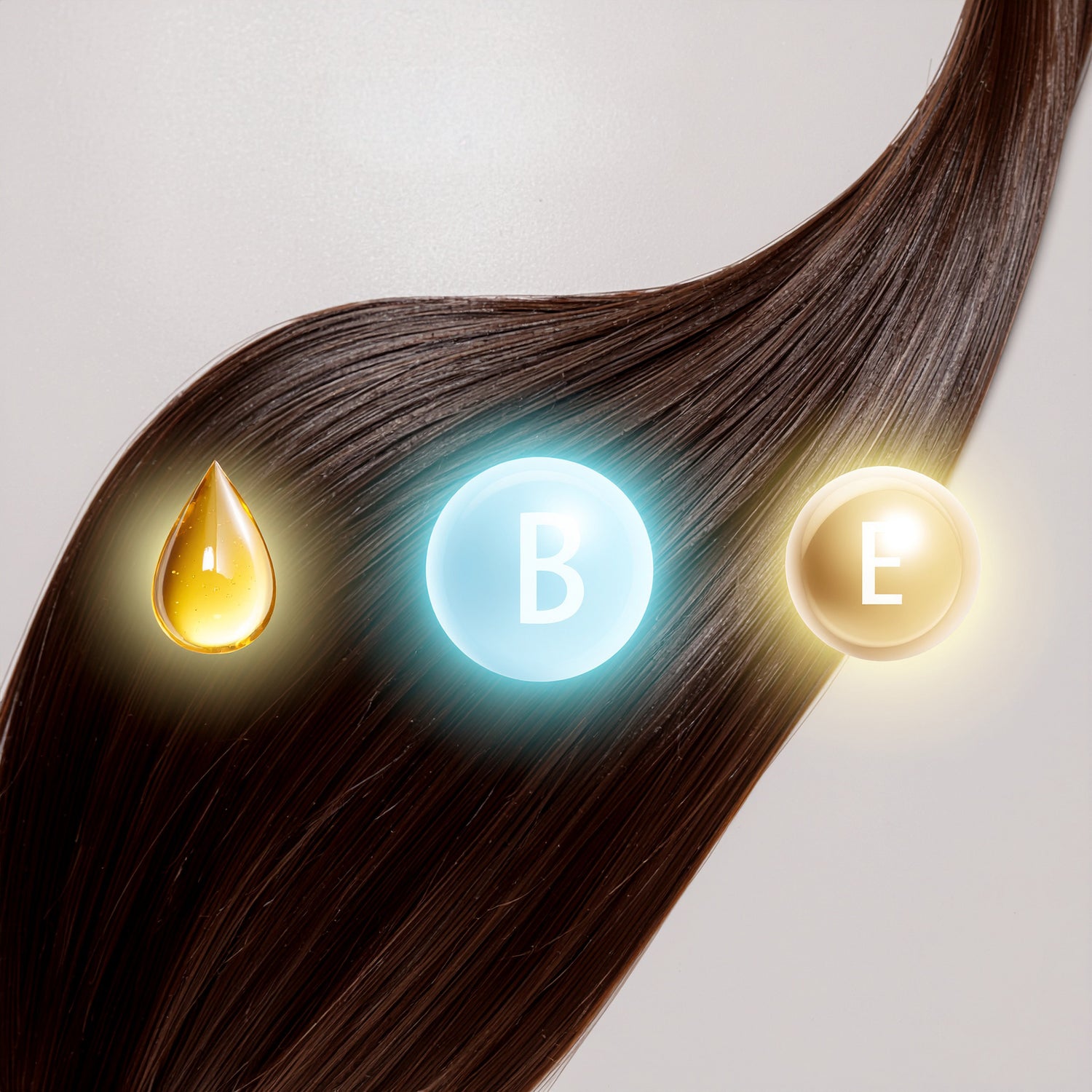 Conceptual visual showing golden, blue, and amber spheres symbolizing LeScent Hair Mist’s nourishing Vitamin B5 and E complex with essential oils.