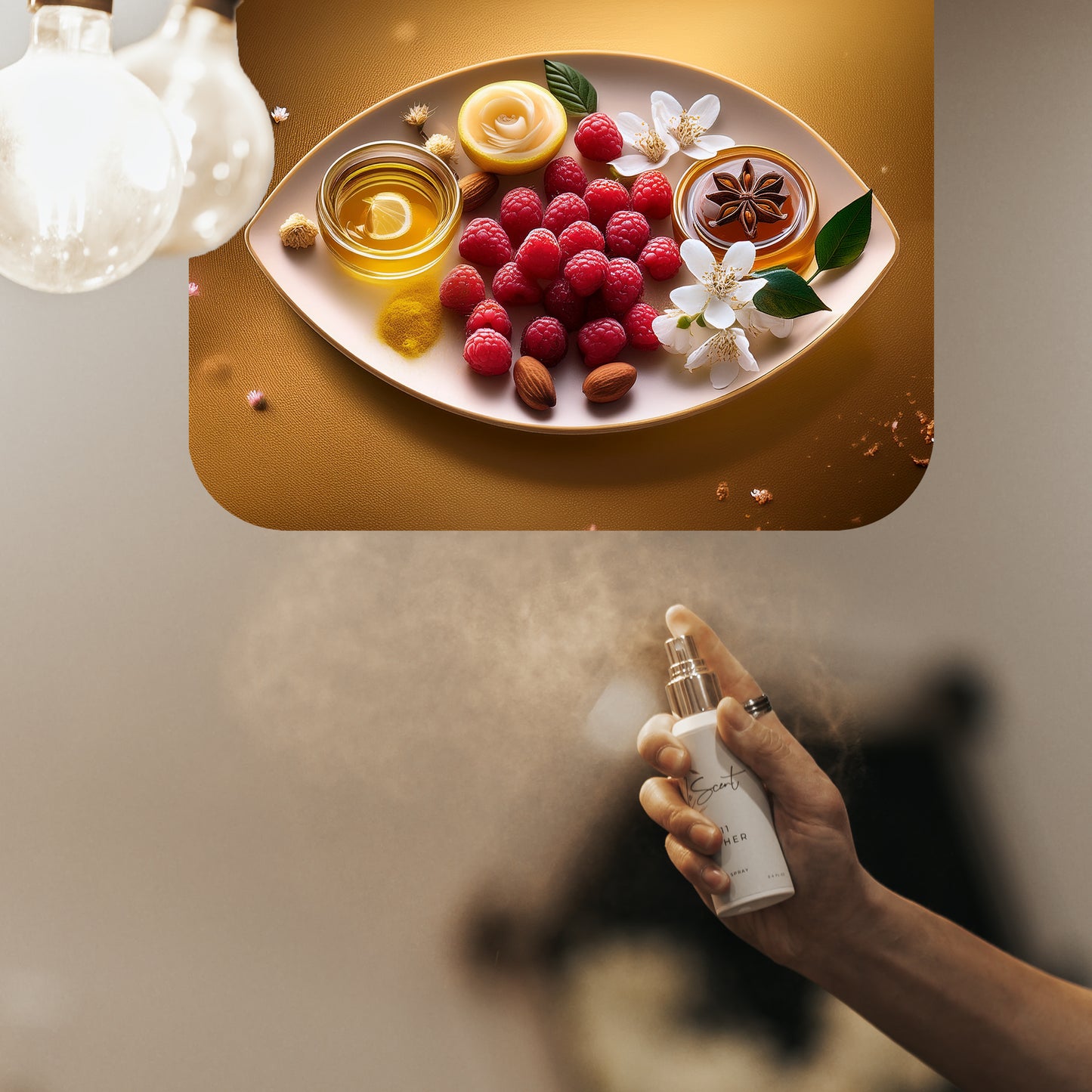 Spraying LeScent Her Million room spray inspired by Paco Rabanne Lady Million — floral amber home fragrance freshener mist with raspberry, honey and neroli for a glamorous atmosphere.