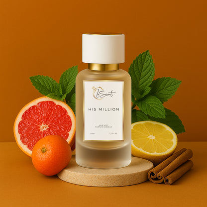 LeScent His Million hair perfume mist inspired by Paco Rabanne 1 Million — crafted with citrus, cinnamon, leather and amber for an energizing and luxurious scent.