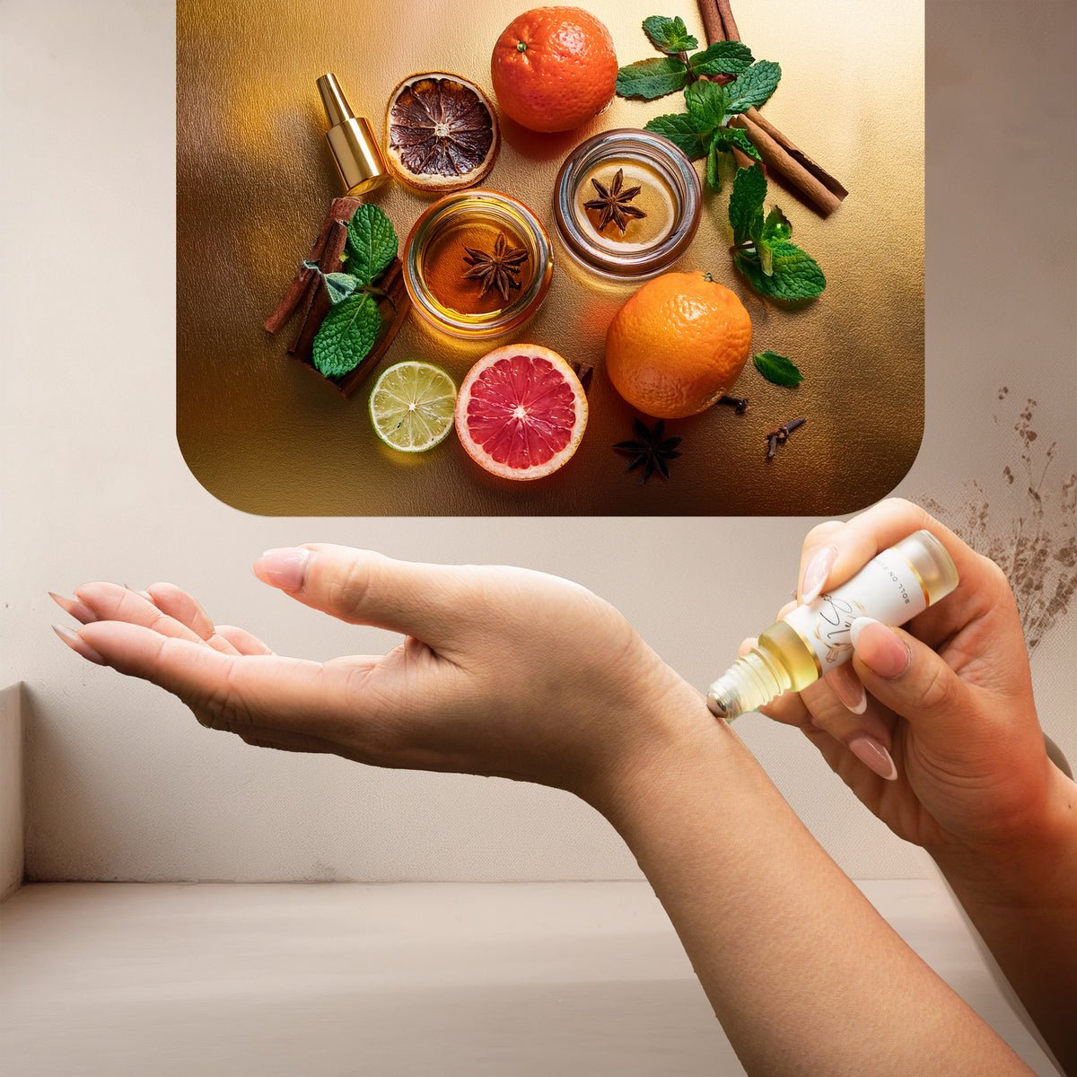 Applying LeScent His Million perfume oil roll-on inspired by PR 1 Million — spicy citrus blend of grapefruit, cinnamon and amber for a luxurious and powerful aroma.
