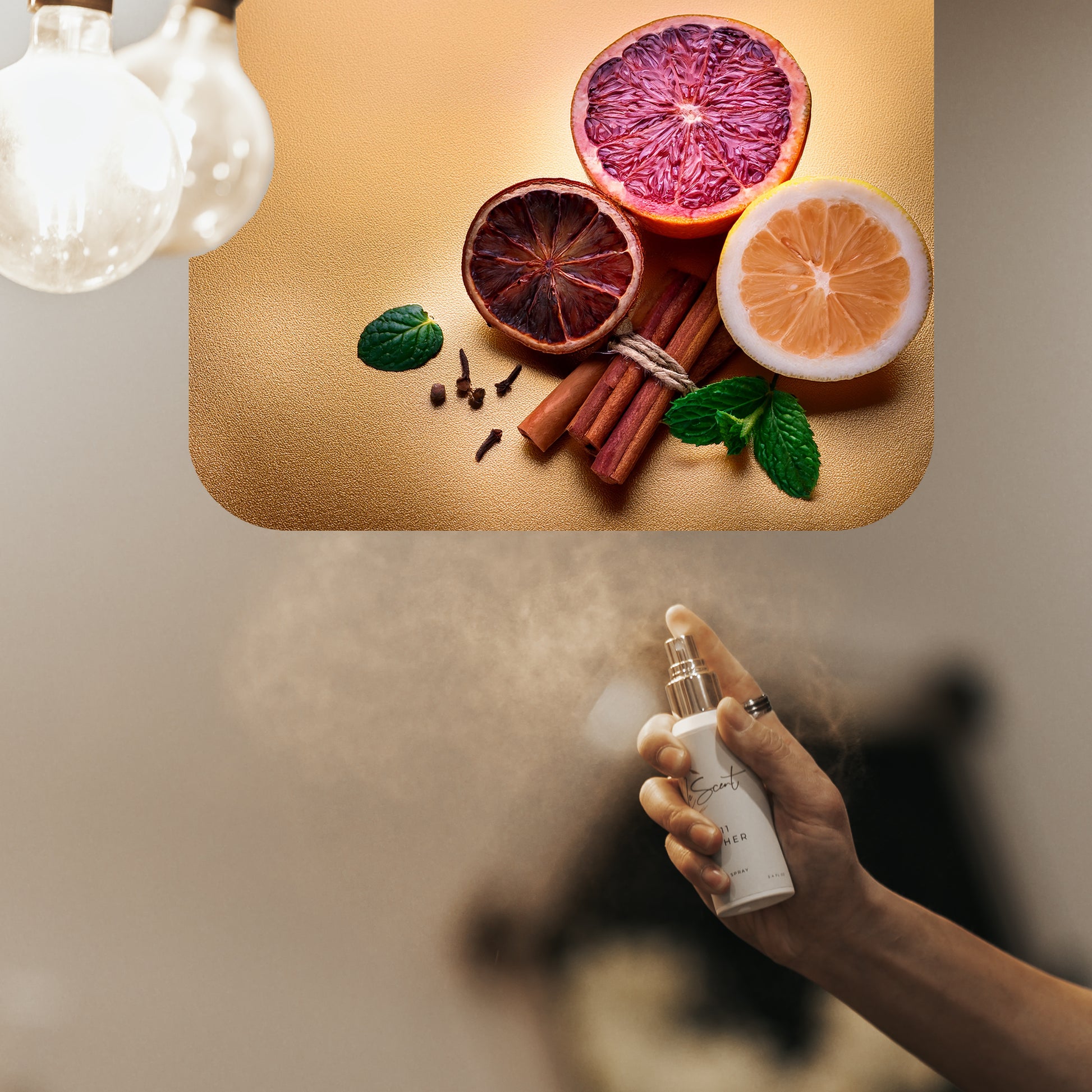 Spraying LeScent His Million room spray inspired by Paco Rabanne 1 Million — rich amber and citrus home fragrance freshener mist with cinnamon and leather for a refined masculine scent.